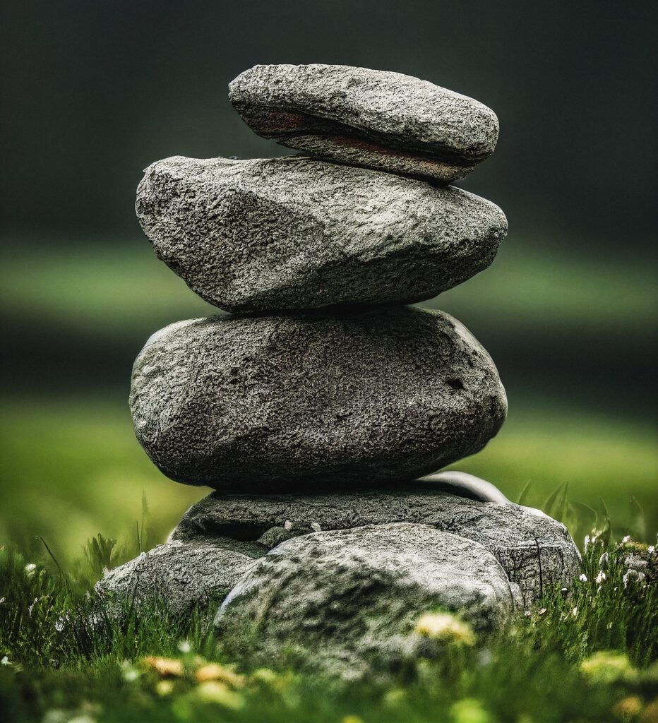 ai generated, stones, pile, balance, fantasy, nature, rocks, stack, grass